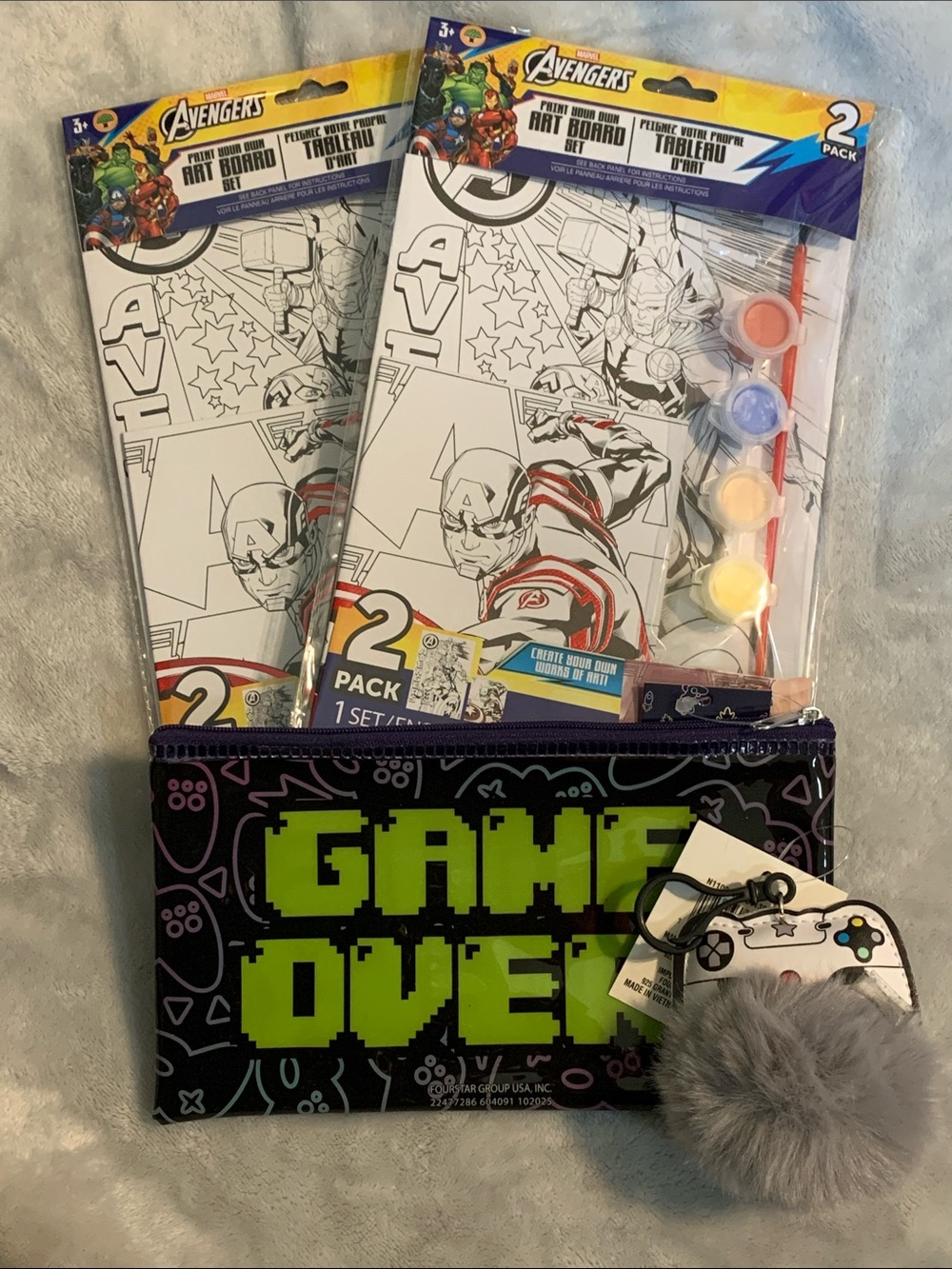 Marvel Coloring Art Boards with Black Game Over Pouch and Game Controller Puffy